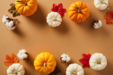 Flat lay composition with pumpkins, maple leaves, cotton on brown background. Happy Thanksgiving, Harvest concept.