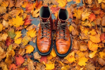 top view of boots with autumn leaves stuck on them