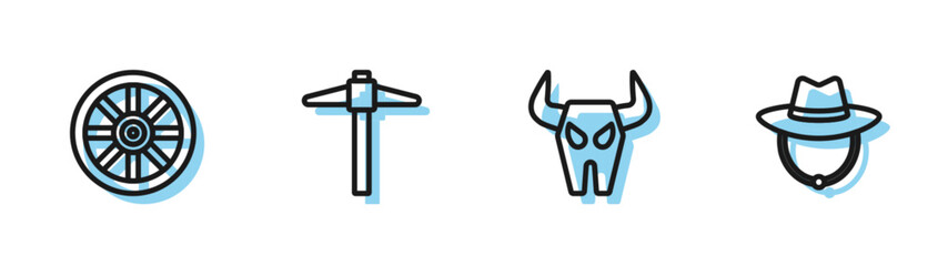 Set line Buffalo skull, Old wooden wheel, Pickaxe and Western cowboy hat icon. Vector