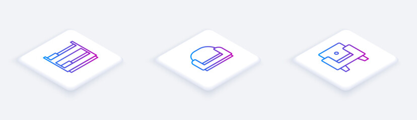 Set Isometric line Bunk bed, Armchair and . White square button. Vector