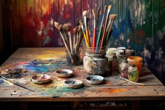 used paintbrushes and palette on wooden table