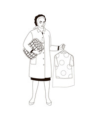 woman in a dry cleaning uniform with things on a hanger in her hands black and white linear illustration