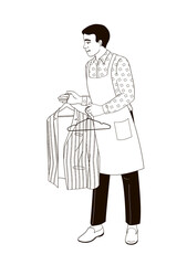 man in dry cleaning uniform with jacket black and white linear illustration