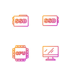 Set line Computer monitor screen, Processor with CPU, SSD card and . Gradient color icons. Vector
