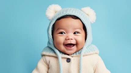 Happy Asian baby in neutral attire, smiling in a studio light blue backdrop. Generative AI