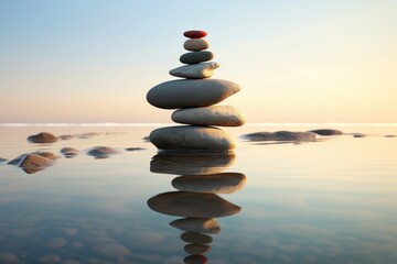 a calm beach with smooth stones stacked in a balance tower