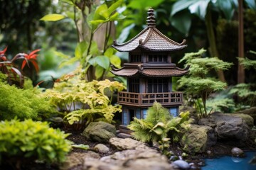 Fototapeta na wymiar a small wooden pagoda in a lush japanese zen garden