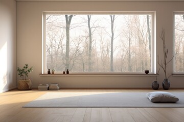 a minimalist room with a single mat on the floor, near a wide window