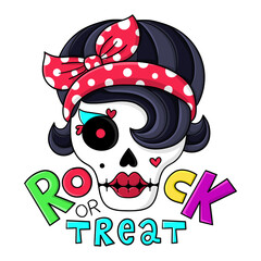 Illustration of a Catrina with a rocker hairstyle and a polka dot headband with a bow, with the text Rock or treat, Halloween drawing, t-shirt design
