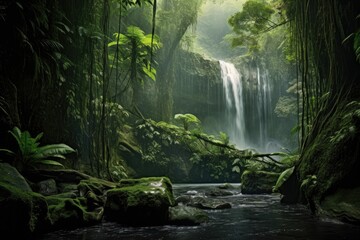 a misty waterfall in a lush green rainforest