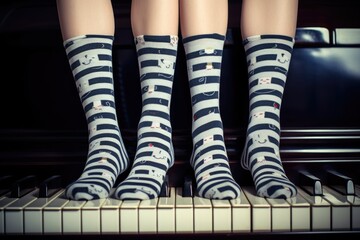 feet in socks with musical notes design on a piano keyboard