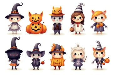Cute Halloween Characters Clip art isolated on white background Generative AI