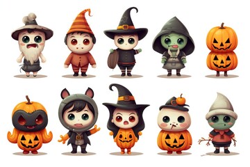 Cute Halloween Characters Clip art isolated on white background Generative AI