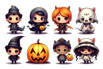 Cute Halloween Characters Clip art isolated on white background Generative AI