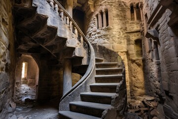 spiral staircase in a stone medieval castle tower