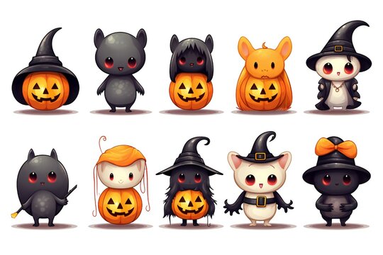 Cute Halloween Characters Clip art isolated on white background Generative AI