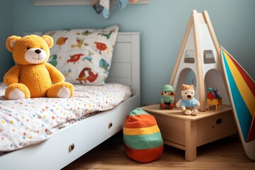 Playful toy-themed decor in a childs room, fostering a fun and vibrant ambiance