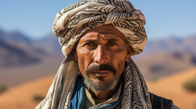 Close-up portrait of Bedouin in desert, local resident. Close portrait.