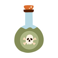 Simple hand drawn poison bottle with skull and bones mark on the label. Cute doodle of toxic, dangerous chemical liquid in cartoon style. Alchemy or magician beverage elixir in the flask or jar.