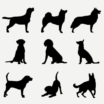 set of black dogs, icons, vector. Dogs stand and sit