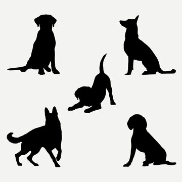 set of black dogs, icons, vector. Dogs stand and sit	