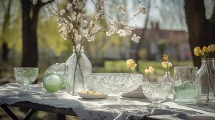 Fototapeta premium Serene Ambiance Spring Table with Blooming Trees in Defocused Background
