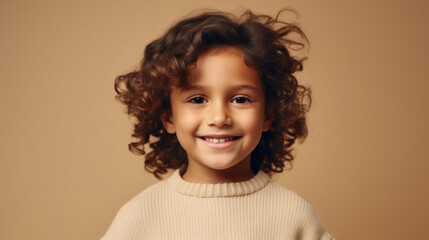 Portrait of a joyful kid wearing earth-toned attire against a studio beige backdrop. Generative AI