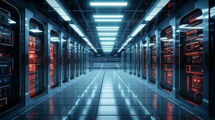  a hyper-realistic scene of a futuristic data center, where predictive analytics algorithms are processing vast amounts of information.