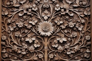 intricate carvings on an antique wooden door