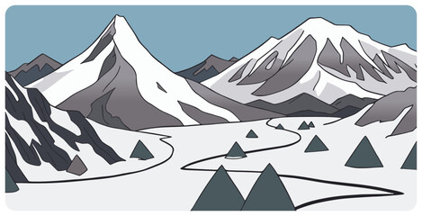 Simple flat graphic vector illustration of abstract snowy mountain landscape with snowcapped peaks and mount range at winter day. Cartoon sketch concept for mountaineering or hiking tourism.