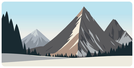 Simple flat graphic vector illustration of abstract mountain landscape with sharp triangular snowy mount peaks and fir tree forest at winter day. Cartoon sketch concept for skiing or hiking tourism.