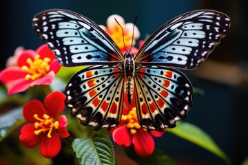 a macro shot of a butterfly with painted wings on a flower