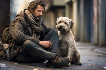 Homeless man in old clothes with a dog sitting on the street