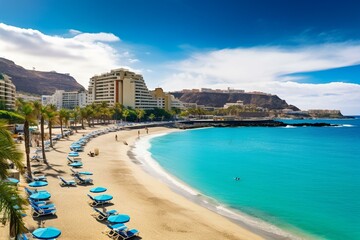 A beautiful beach view of a resort in Spain's Anfi Del Mar, located on the tropical island of Gran Canaria. Generative AI - obrazy, fototapety, plakaty