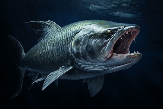 Realistic image of a big tarpon fish against a dark backdrop. Generative AI
