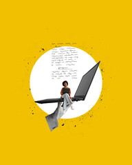 Woman sits and types on a laptop. Blogging and content concept. Modern art collage.