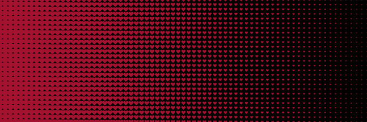 horizontal red halftone of hearts icon design for pattern and background. Horizontal red blended heart on black.