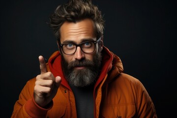 Obraz premium a hipster man with a beard and glasses points his finger