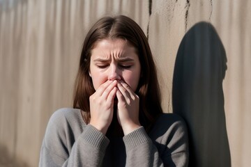 Young sad and frightened woman covers her face with her hands, she stands against wall with a shadow. Cinematic view. Generative AI