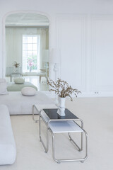 interior of a bright living room in a luxurious baroque style with white walls decorated with antique stucco