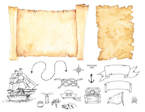 Vector graphic set for Treasure Map design. Watercolor altered paper scroll. Ink line art illustrations: ship, wind rose, dotted line path, scull, rope knot, pirate hat, treasure chest etc. 
