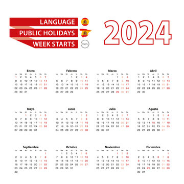 Calendar 2024 in Spanish language with public holidays the country of Spain in year 2024.