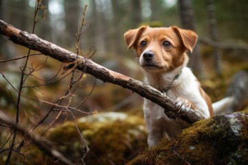 a small dog struggling with a stick twice its size in the woods