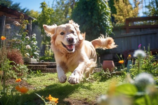 close-up of a playful golden retriever chasing its tail in a sunny garden