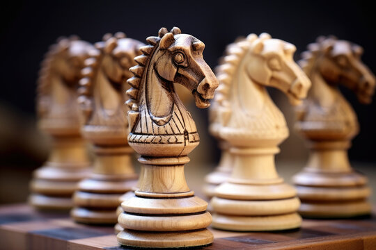 Unveiling the Intricate Details: A Captivating Close-Up of Chess Pieces Revealing the Precision and Strategy of the Game on a Wooden Texture Background