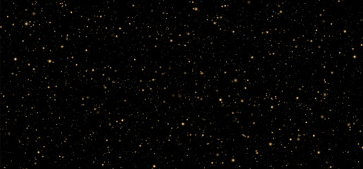 Festive vector background with gold glitter and confetti for Christmas celebration. Black background with glowing golden particles.