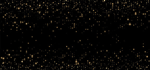 Festive vector background with gold glitter and confetti for Christmas celebration. Black background with glowing golden particles. - 646383563