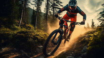 Naklejka premium Adventurous Mountain Biker Swiftly Descending a Thrilling Trail: Exhilarating Outdoor Recreational Lifestyle Sport Amidst the Beauty of Nature