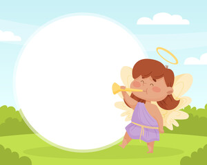 Obraz na płótnie Canvas Empty Note Card with Cute Girl Angel Character with Wings and Nimbus Play Trumpet Vector Template