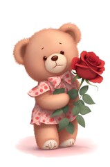 illustration of a cute teddy bear with red rose in her hand